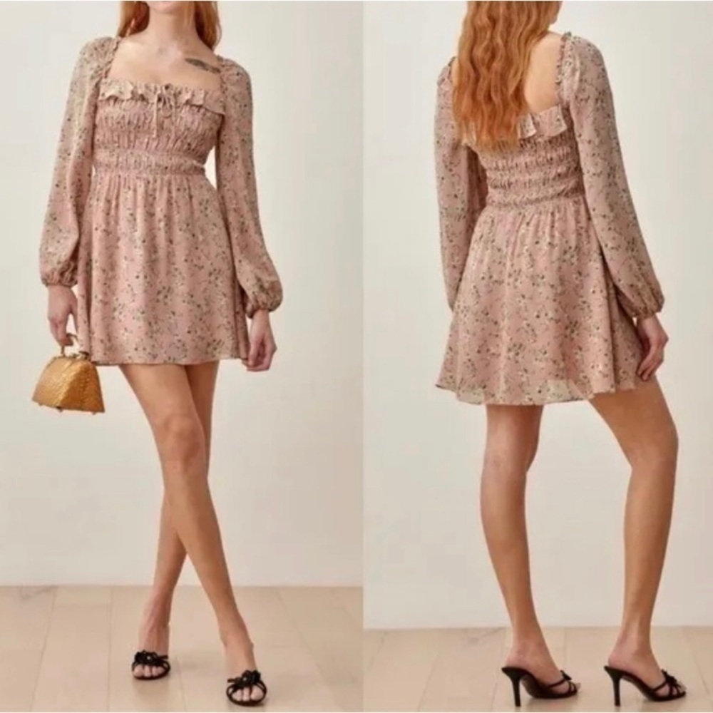 Reformation Morris Mini Dress in Melody Blush Pink Long Sleeve Smocked Floral